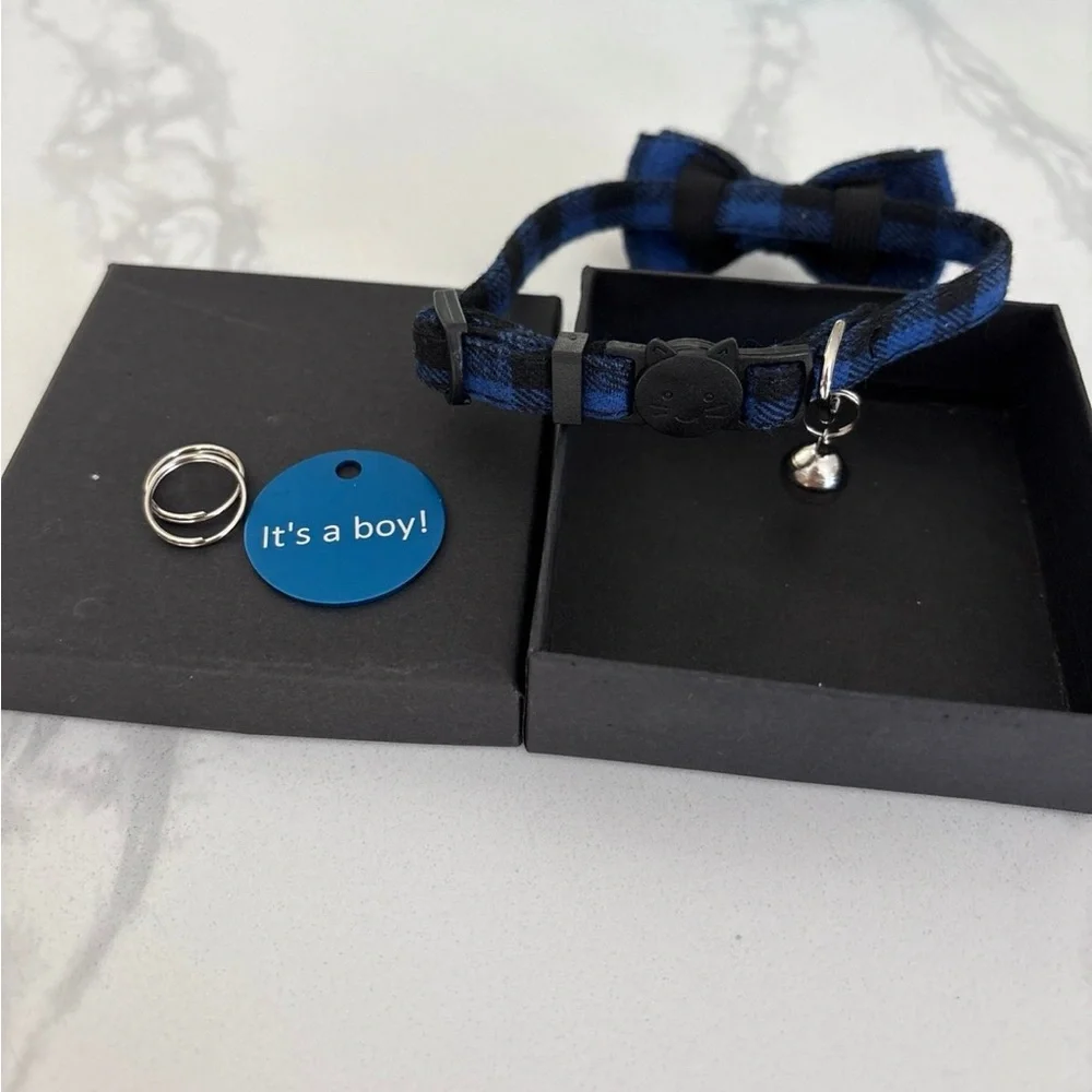 Blue Plaid Cat Collar with tag for gender reveal